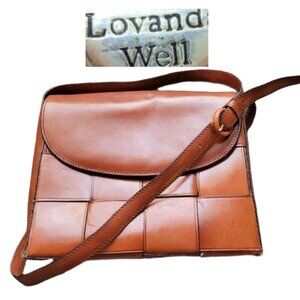 Vintage brown leather purse - woven cognac saddle leather crossbody shoulder bag